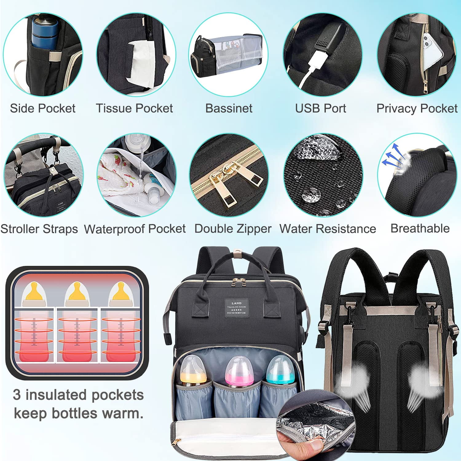 Diaper Bag Backpack, Baby Bag Diaper Bag with Changing Station Baby Girl Boy Waterproof Diaper Bag for Travel Baby Shower Gifts