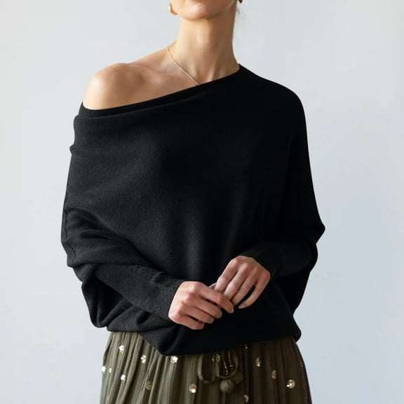 Guieoi Womens Sweaters 2025 Womens Sweaters Clearance one Shoulder Loose Long Sleeve Knitted Sweater Black Black*Friday/Cyber*Monday Clearance