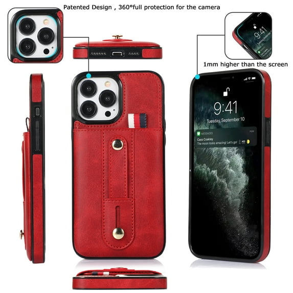 Elehold Luxury Leather Hand Strap Card Slot Case Compatible with iPhone 14 Pro 6.1 Inch with Camera Protection Card Slot Shockproof Kickstand Lanyard for iPhone 14 Pro 6.1 inch,Red