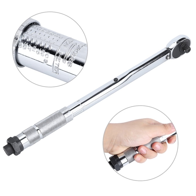 llave dinamométrica preajustada, 3/8 pulg., 19-110 nm, llave dinamométrica, herramienta de reparación de automóviles, tecnología innovadora vista 3/4 de una llave dinamométrica reversible 3/8 pulg. con cabeza de trinquete y acabado cromado; manguito estriado antideslizante, tornillo de bloqueo y escala grabada 19–110 NM, conector cuadrado 3/8 pulg. y diseño bidireccional; fondo blanco con primeros planos de la escala y la herramienta en mano, suele usarse también para mantenimiento de piezas mecánicas pequeñas.