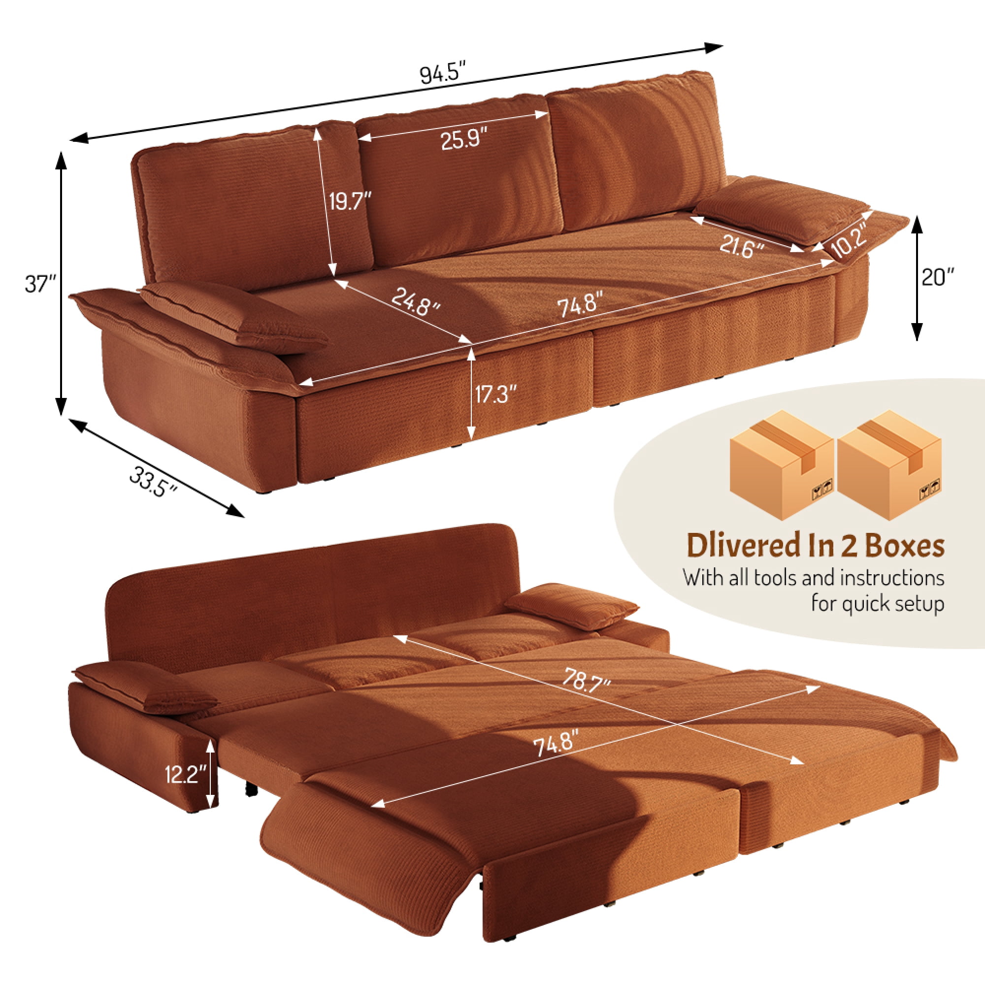 Leumius 94.5" Pull Out Sofa, King Size 3-in-1 Convertible Sleeper Sofa Bed, Multi-Functional Corduroy Bed for Living Room Bedroom Orange