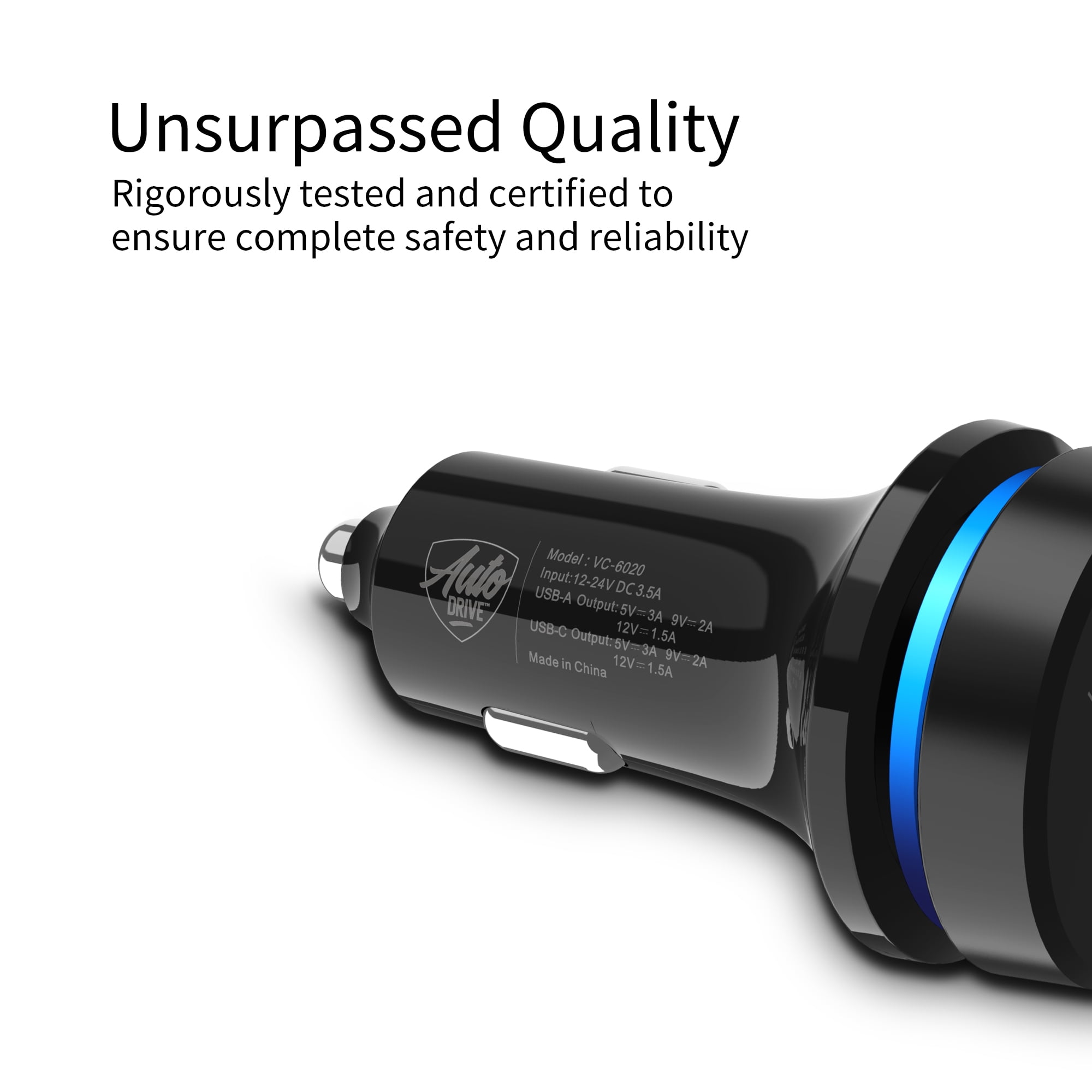Auto Drive Quick Charge 3.0 USB Car Charger with Pulsing Light, Dual USB Type A and USB Type C Charging Ports