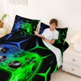 thumbnail image 4 of meiyoeat Neon Blue-Green Flame Game Controller Full Size Sheets for Kids Boys, Dual-Tone Geometric Gaming Bed Sheets, 4-Piece, 1 Flat Sheet, 1 Fitted Sheet and 2 Pillowcases, 4 of 6
