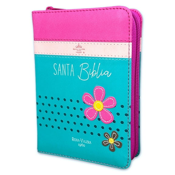 Biblia RVR 1960 Bolsillo Fuscia Rosa Turquesa con Flores Símil Piel con Cierre
