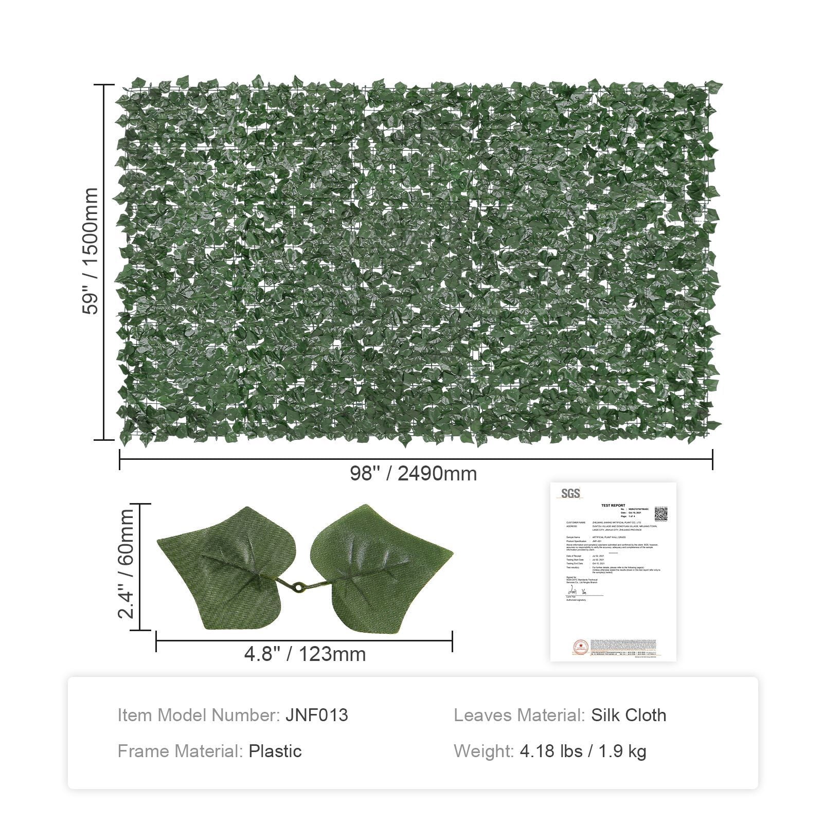Artificial Ivy Privacy Fence 59x98 Inch UV-Resistant Silk Leaves PE Mesh Backing for Garden Balcony