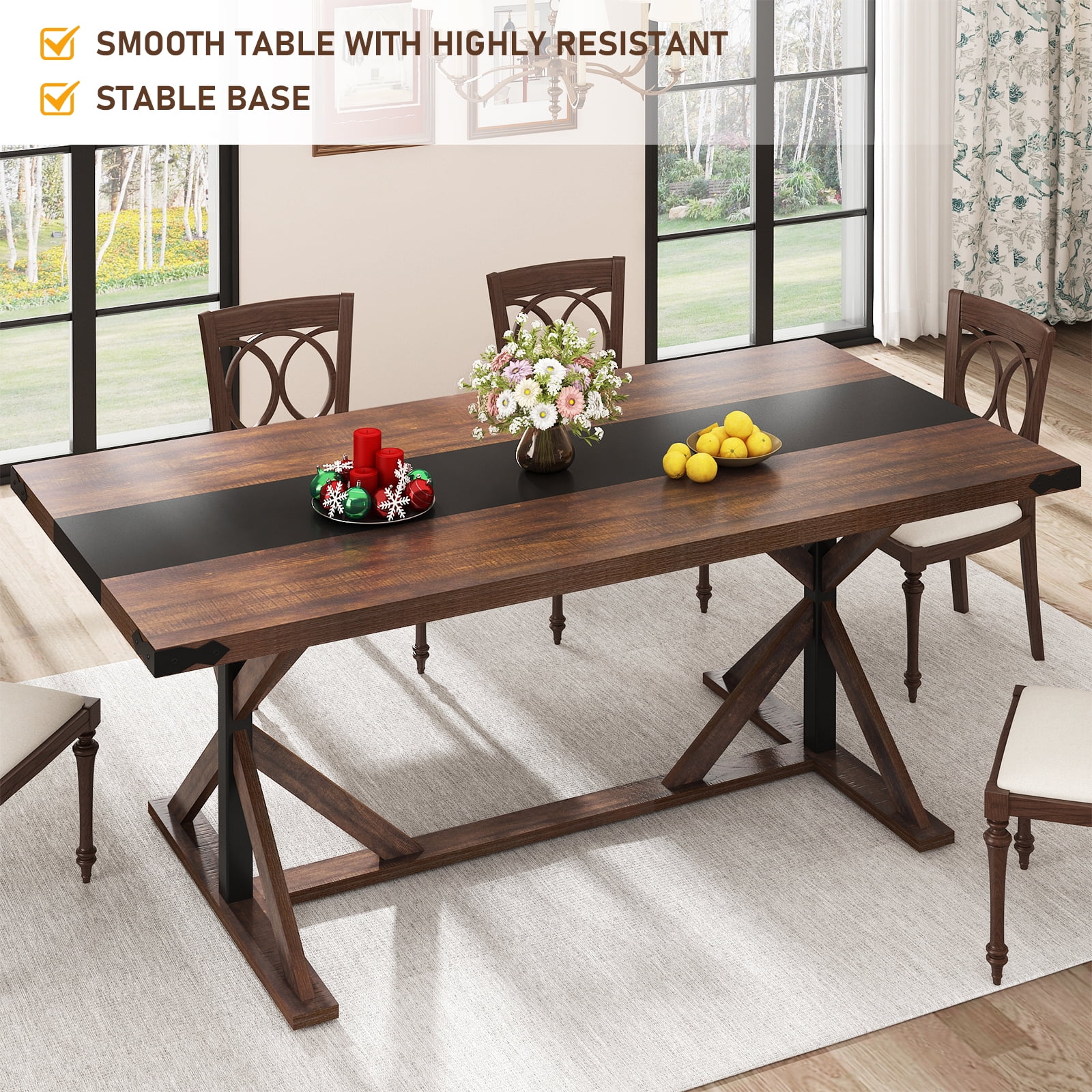 Blotout 71" Modern Farmhouse Dining Table for 6-8 Person, Rectangular Wood Dining Table with Adjustable Feet, Kitchen Table for Dining Room, Gathering, Kitchen (Brown)