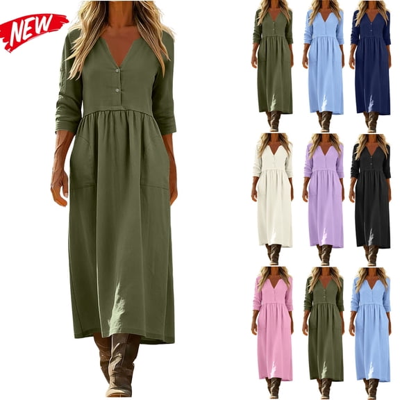Taqqpue Women Maxi Dress Summer Crewneck Short Sleeve A Line Dress Loose Fit Plus Size Beach Sundress Casual Solid Color Linen Cotton T Shirt Dress for Women