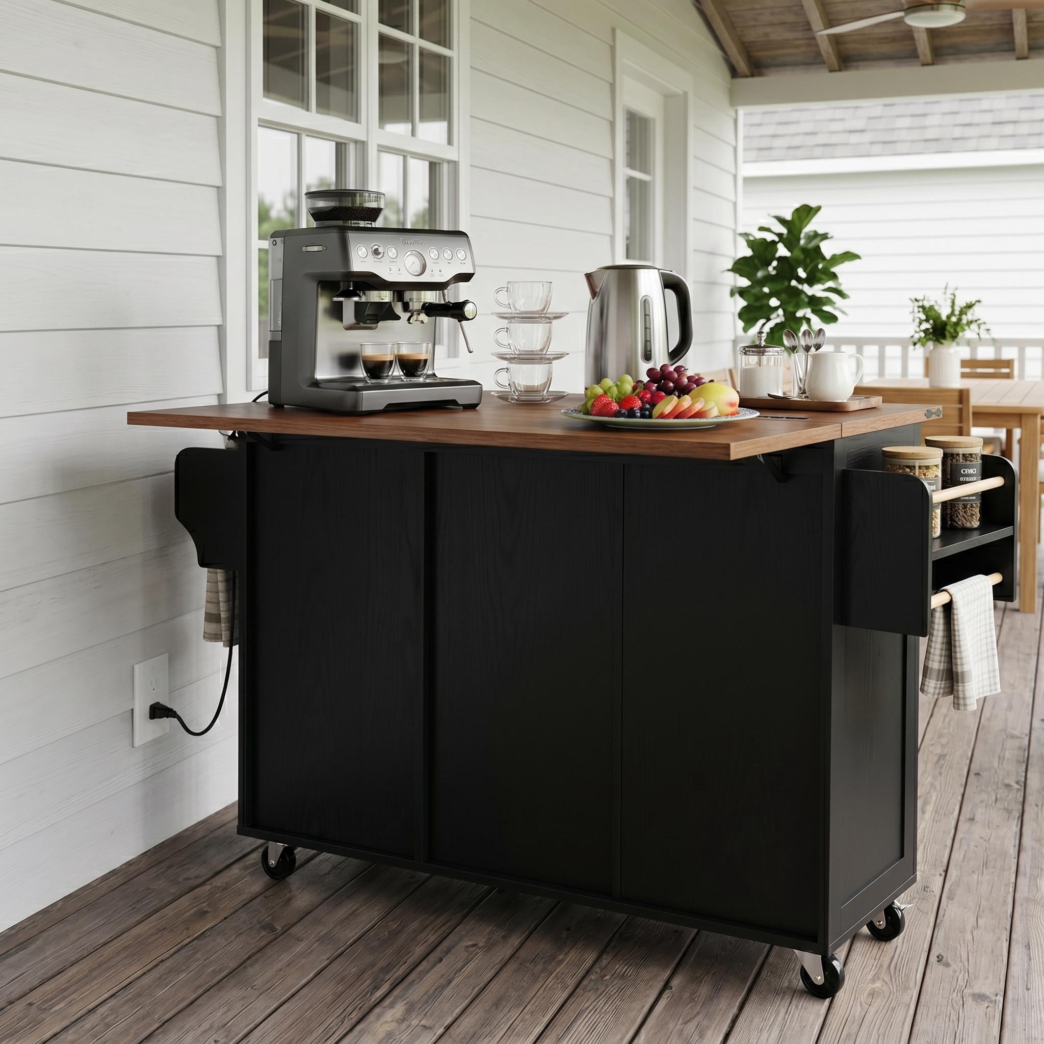 Homy Casa 54.5" Farmhouse Kitchen Island with Drop Leaf, Power Outlets, Barn Doors, 3 Drawers