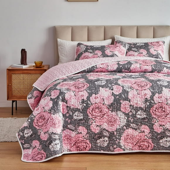 Juego de edredón UOZZI BEDDING, gris con flores rosas, tamaño king size, 3 unidades