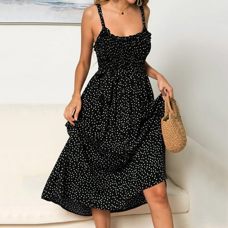 

Women Fashion Sleeveless Sling With Flounce Polka-dot Printing Dress Note Please Buy One Or Two Sizes Larger