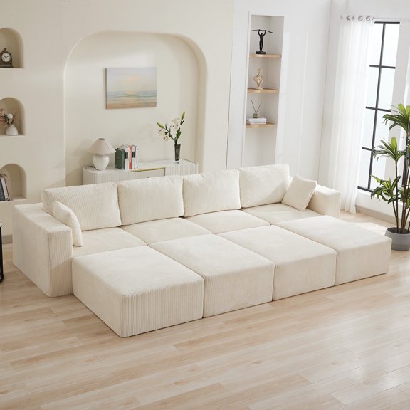 DOMICARE 146'' Oversized Boneless Sofa Bed, 4 Seater Modular Sectional Couch with 4 Movealbe Ottoman, No Asswmbly Corduroy Compression Sofas with Chaise for Home House,Beige