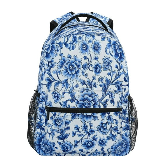 Blue and White Porcelain Stylish Large Backpack 15L Self-Standing Durable Twill for School, Office and Travel Use