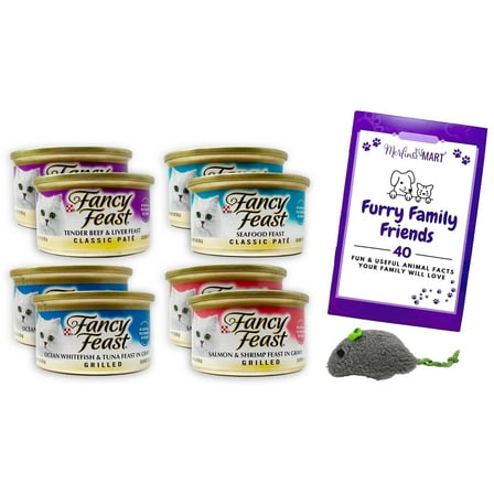 Fancy Feast Adult Cat Food 4 Flavor Sampler - 2 Each: Seafood Pate, Beef and Liver Pate, Grilled Salmon and Shrimp, Grilled Ocean Whitefish and Tuna (3 oz.)   MerlinsMart Zine | Catnip Toy