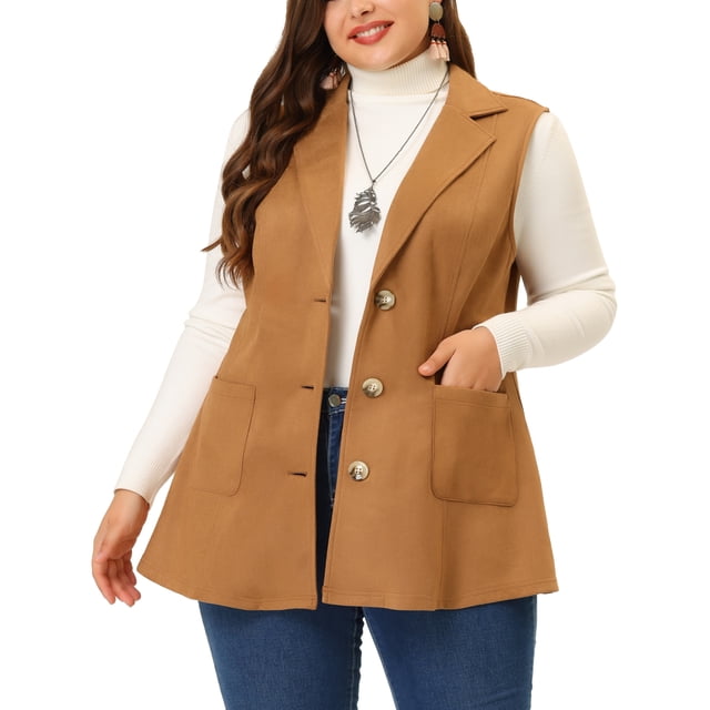 Plus Size Vests for Women Long Sleeveless Casual Lapel Suede Vest 2X Brown