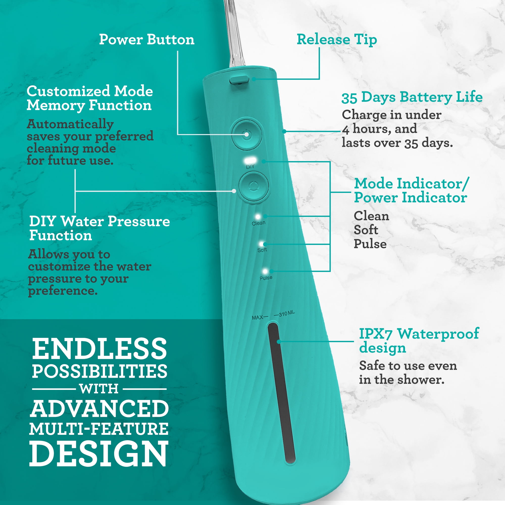 GuruNanda Lion & Lamb Kit 2.0 Electric Toothbrush with Water Flosser, 4 Jet Tips, 4 Brush Heads, Teal