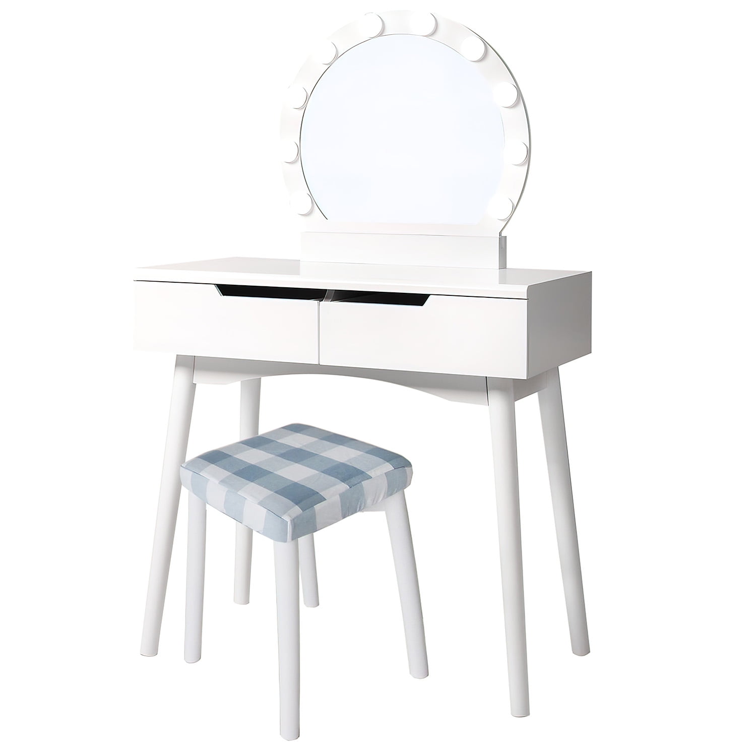 Kadyn 32" 3 Piece Vanity Dressing Table Set with LED Mirror, 2 Drawers, Cushioned Stool, White Kadyn 32" 3 Piece Vanity Dressing Table Set with LED Mirror, 2 Drawers, Cushioned Stool, White