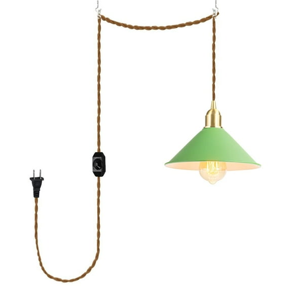 KAYYELAMP 15ft Plug in Dimmable Cord Pendant Light E26 Brass Base Green Metal Shade Nordic Style Hanging Light Modern Decor for Kitchen Home Office 1 Pcs(No Bulb)