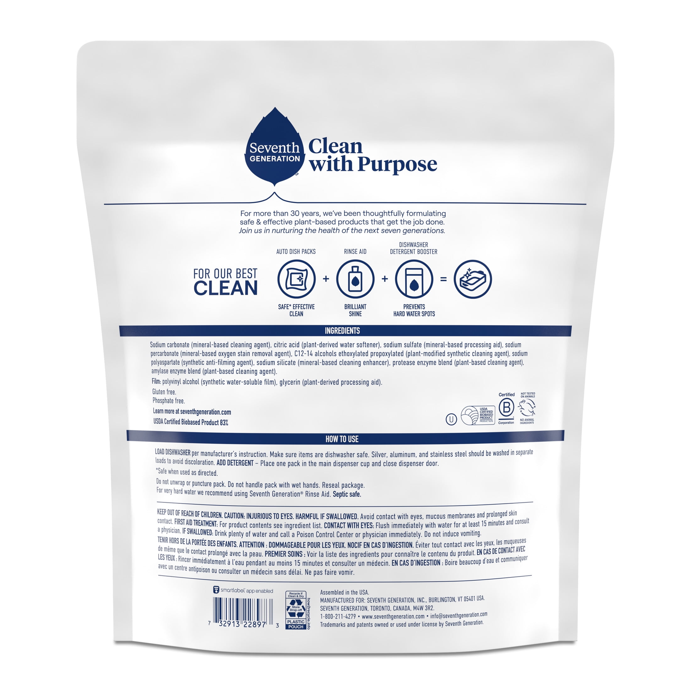 Seventh Generation Clean with Purpose Free and Clear Dishwasher Detergent Pods, 28.5 oz, 45 Count