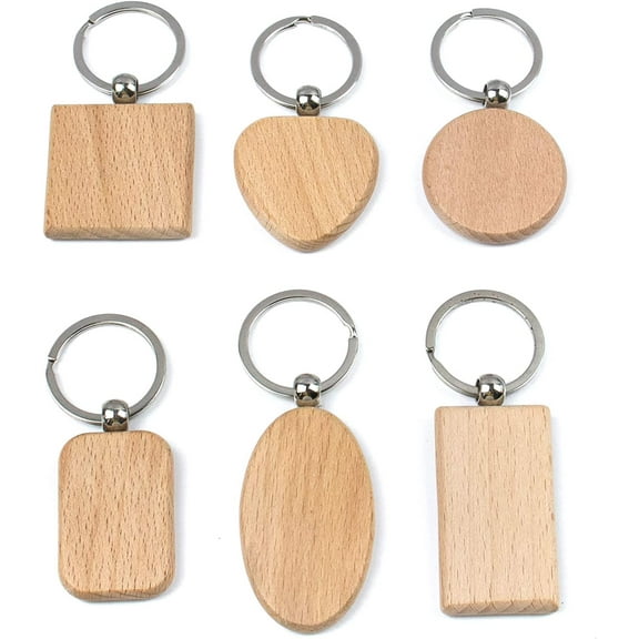 Assorted Shapes Blank Wooden Key Chain Wood Keychain Key Ring Key Tags Personalized EDC or Best Gift Craft (6 Pack)