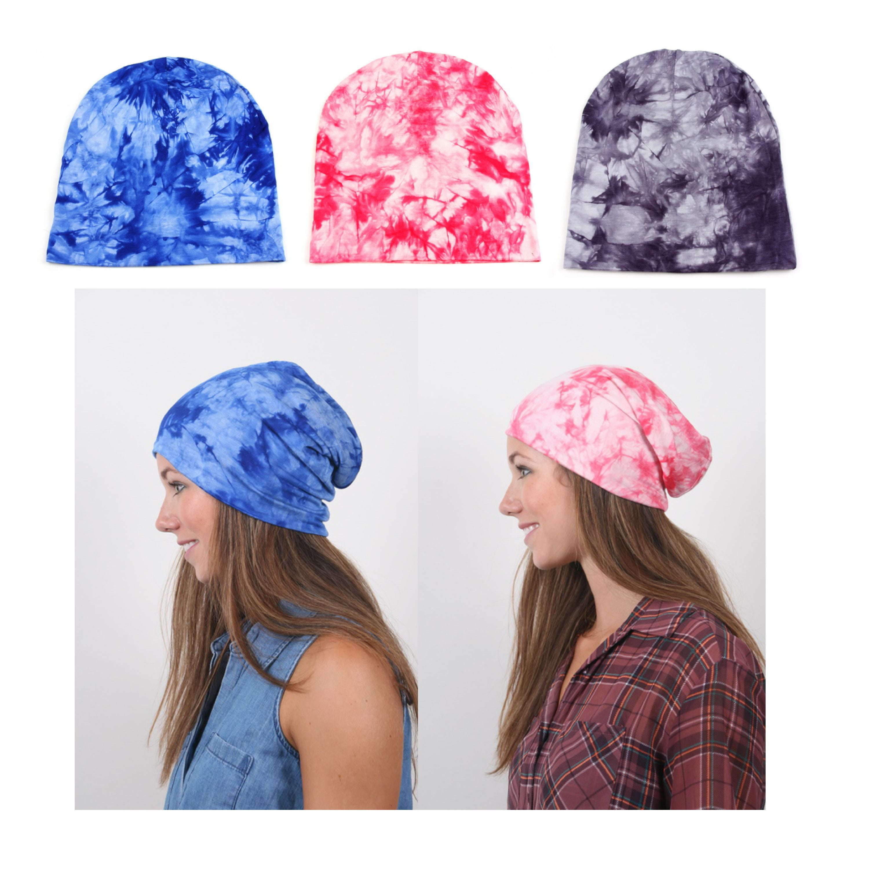 Bright Tie Dye Slouch Jersey Beanie Set in Assorted Colors (3Pack)