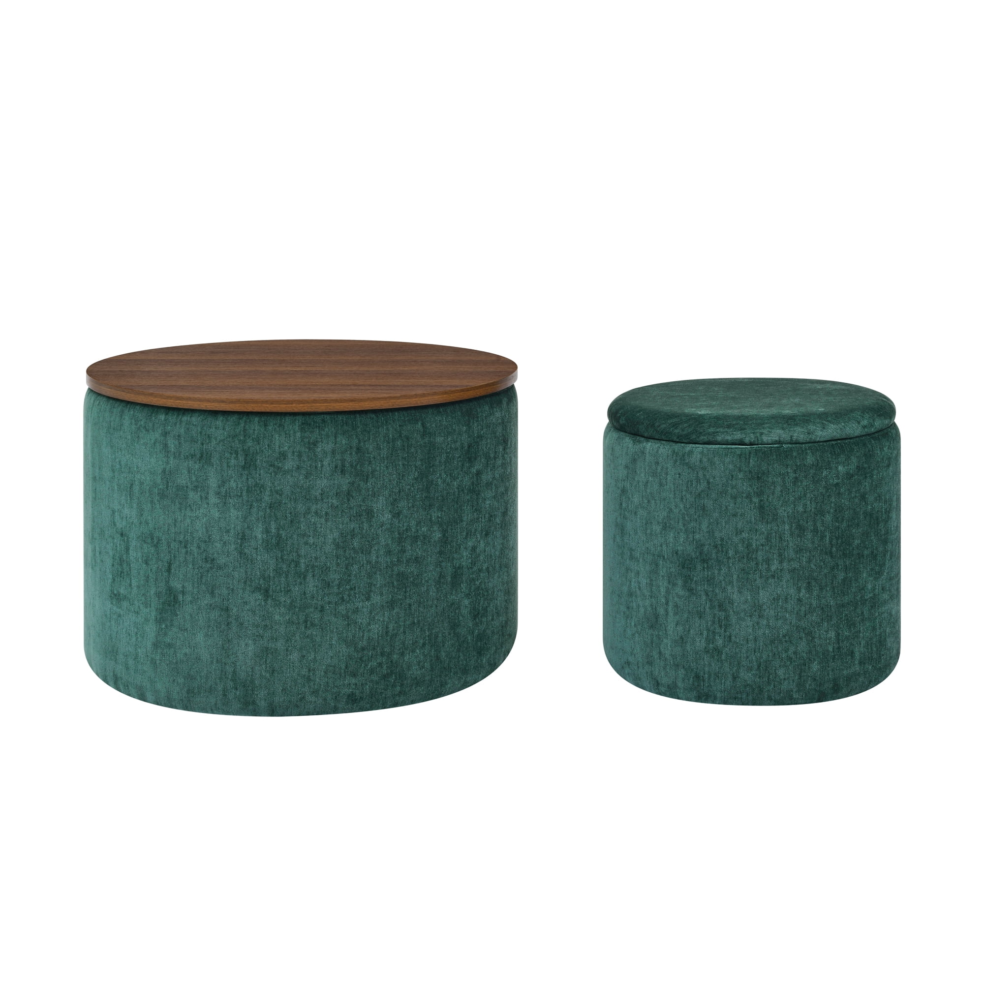 Lunale Round Storage Ottoman Set of 2, Chenille Upholstered Coffe Side Tables for Living Room, Dark Green