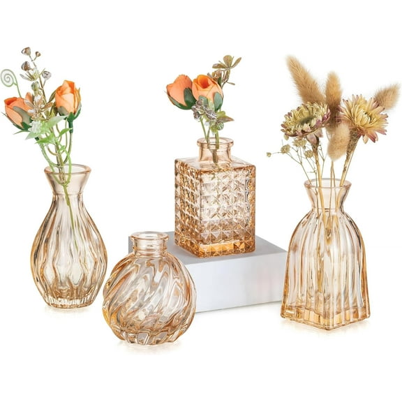 Glass Bud Vases for Centerpieces: Small Flower Vase Set of 4 Vintage Cute Mini Vases for Flowers Champagne Pink Centerpiece Vase for Table Decor Wedding Party Decorations
