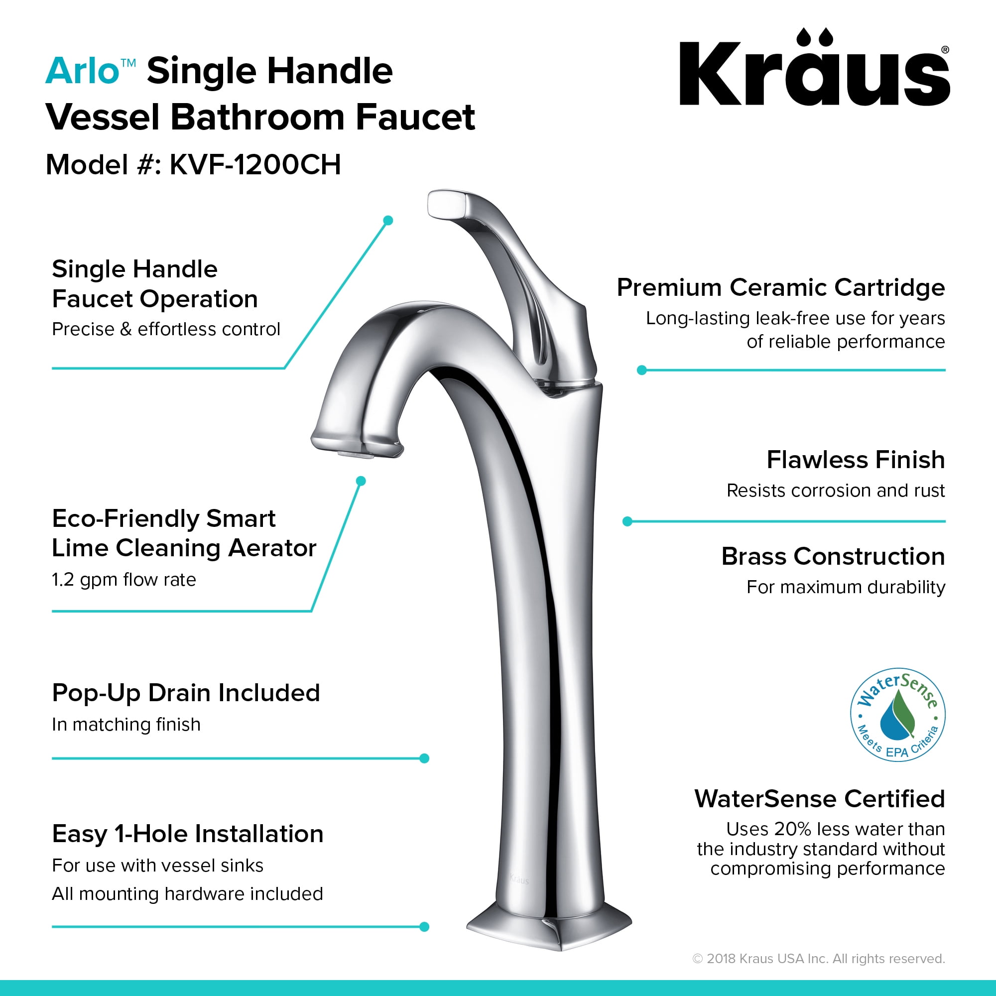 KRAUS Elavo 14-inch Round White Porcelain Ceramic Bathroom Vessel Sink and Arlo Faucet Combo Set with Pop-Up Drain, Chrome Finish