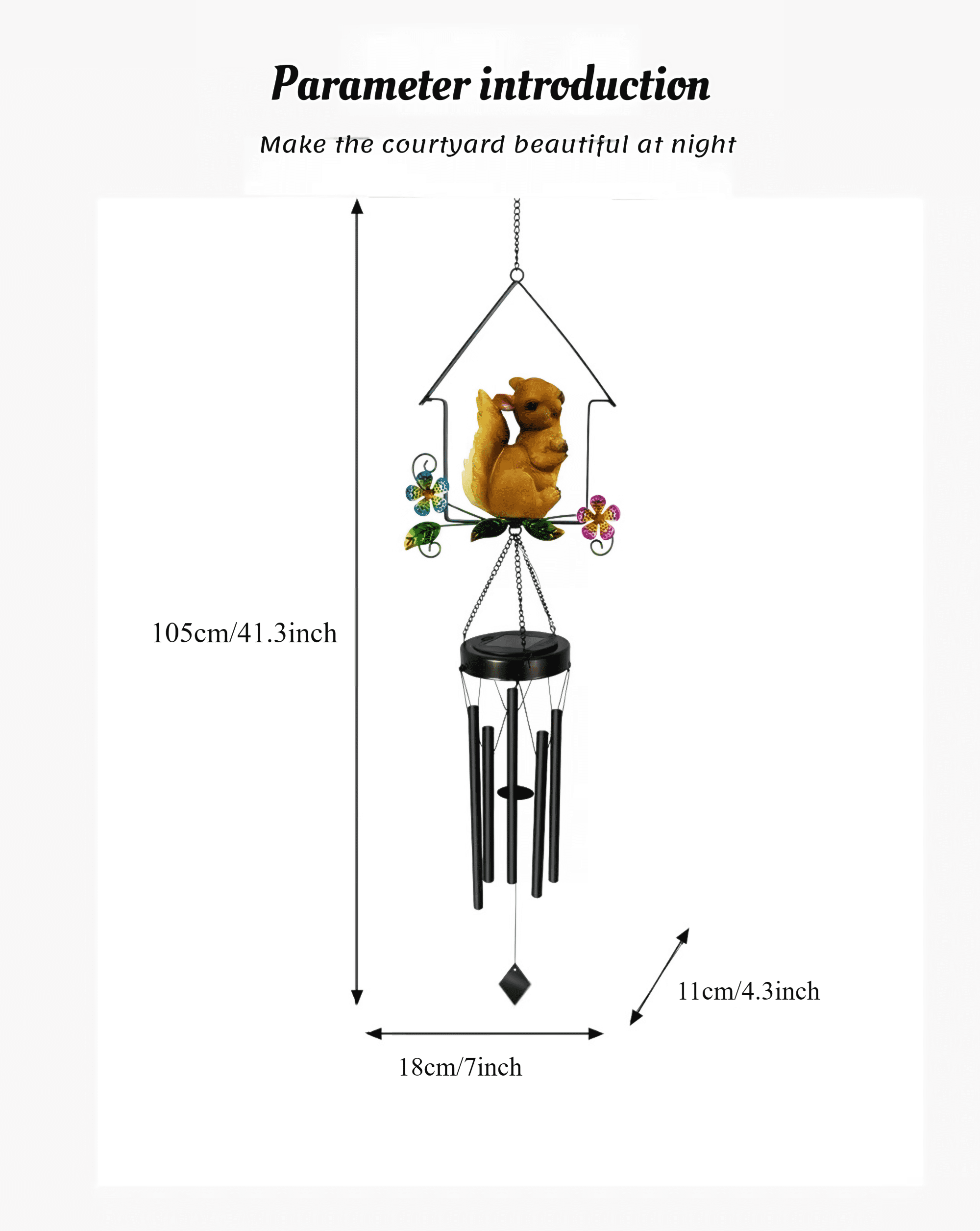 Sykixib Solar Wind Chimes for Outside Garden Decor - Outdoor Hanging Solar Powered LED Wind Chime with Auto On/Off, Weather-Resistant Iron Art Animal Design for Patio, Yard, Party Gift, Squirrel