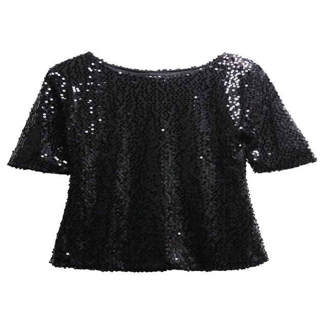 Hauts à Manches Longues Col en V à Sequins pour Femmes T-Shirt Blouse Décontractée Grande Taille Argent P