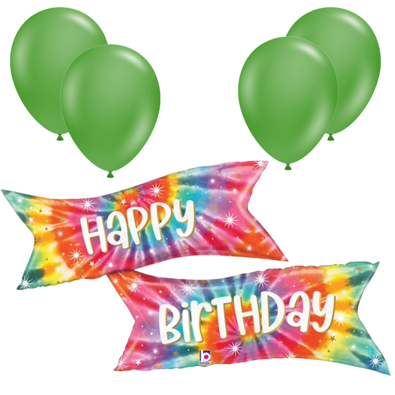 LoonBalloon 49 Inch Tie-Dye Banner Birthday Balloon with 4 latex balloons- Festive & Colorful
