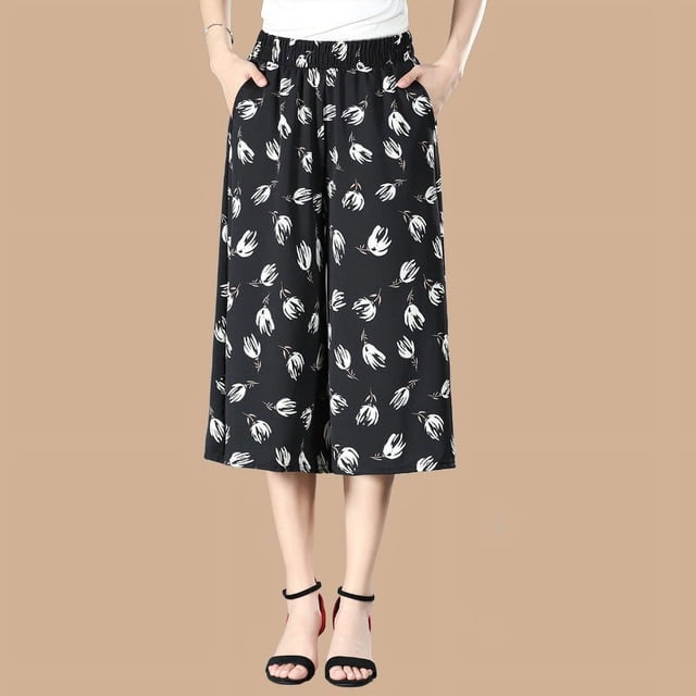 Pantalones cortos finos de verano Ropa para madres de mediana edad y mayores Pantalones anchos de cintura alta con cintura elástica Culottes coloridos