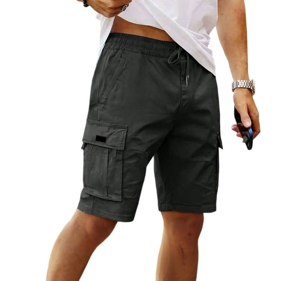 Men's Drawstring Waist Casual Cargo Shorts, Loose-Fit Solid Color Work Shorts with 6 Pockets (Breathable Poly-Cotton Blend) ,Black L