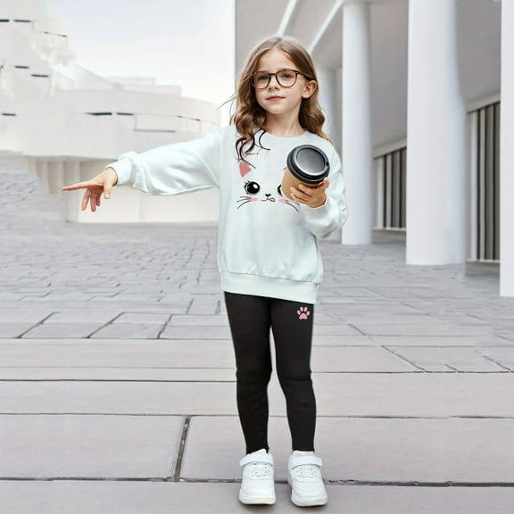 GBSYEWXS Teen Girls Outfits Sets Crew Neck Long Sleeve Athleisure Sweatshirt Pant Cat Print Relaxed Fashion Clothing Set White Size 4-5 Years