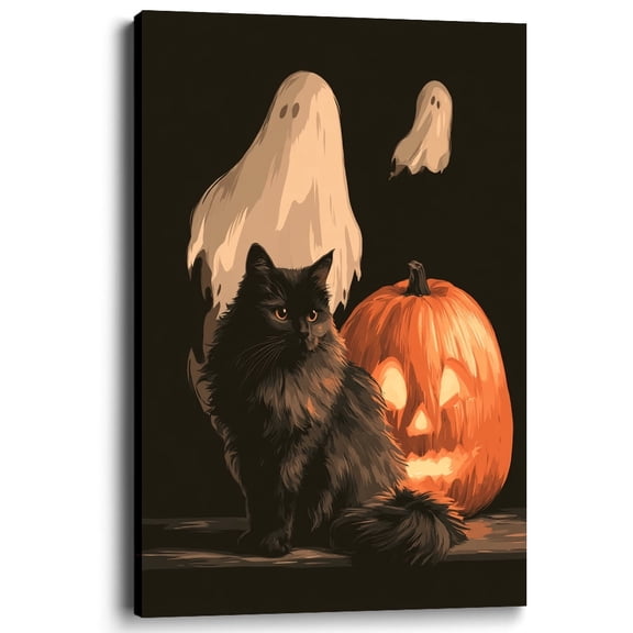 Wallume Store Vintage Black Cat Ghost Halloween Canvas Wall Art Living Room Decor 12x8 Inch