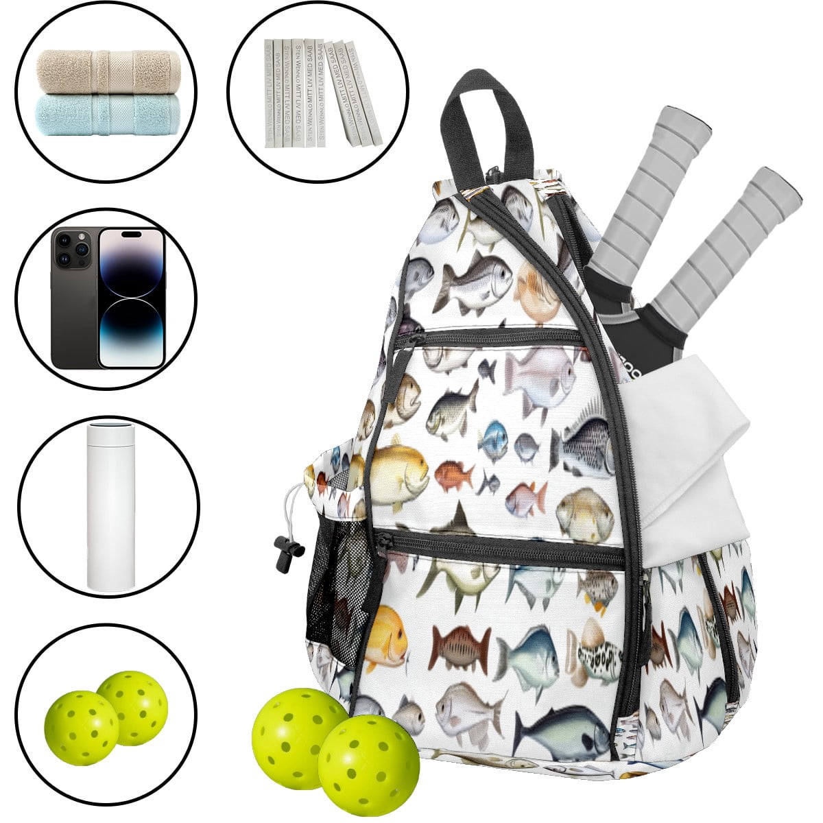 Pickleball Bags for Men Women Pickleball Backpack with Large Capacity Lightweight Adjustable Pickleball Sling Bag Hold Paddles, Balls, Accessories Fish Pattern