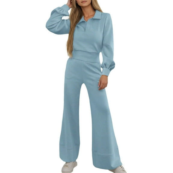 Fiaer,V Neck Loose Fit Sweatsuits Sets for Women,Womens Plus Size Casual Breathable Comfy Outfits Set,Ladies 2 Piece Sets for Lapel Collared T Shirts and Wide Leg Spliced Pants Sky Blue XL
