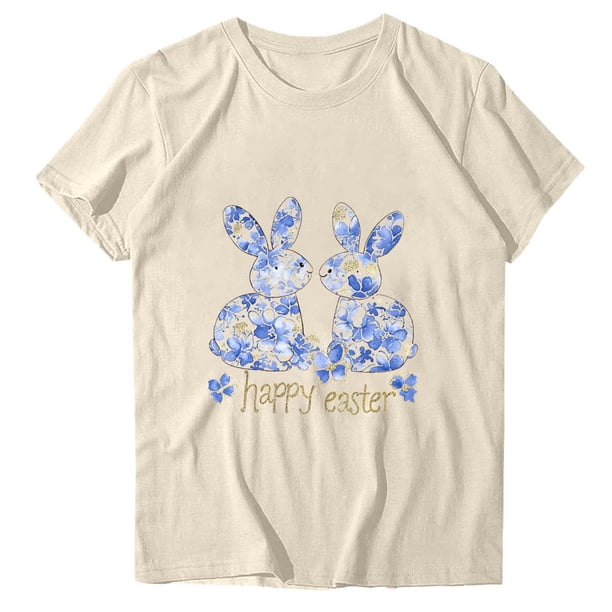 Camisetas de Manga Larga de las Mujeres Estampado de Pascua Cuello Redondo Suelto Casual Blusa Primavera Verano Top