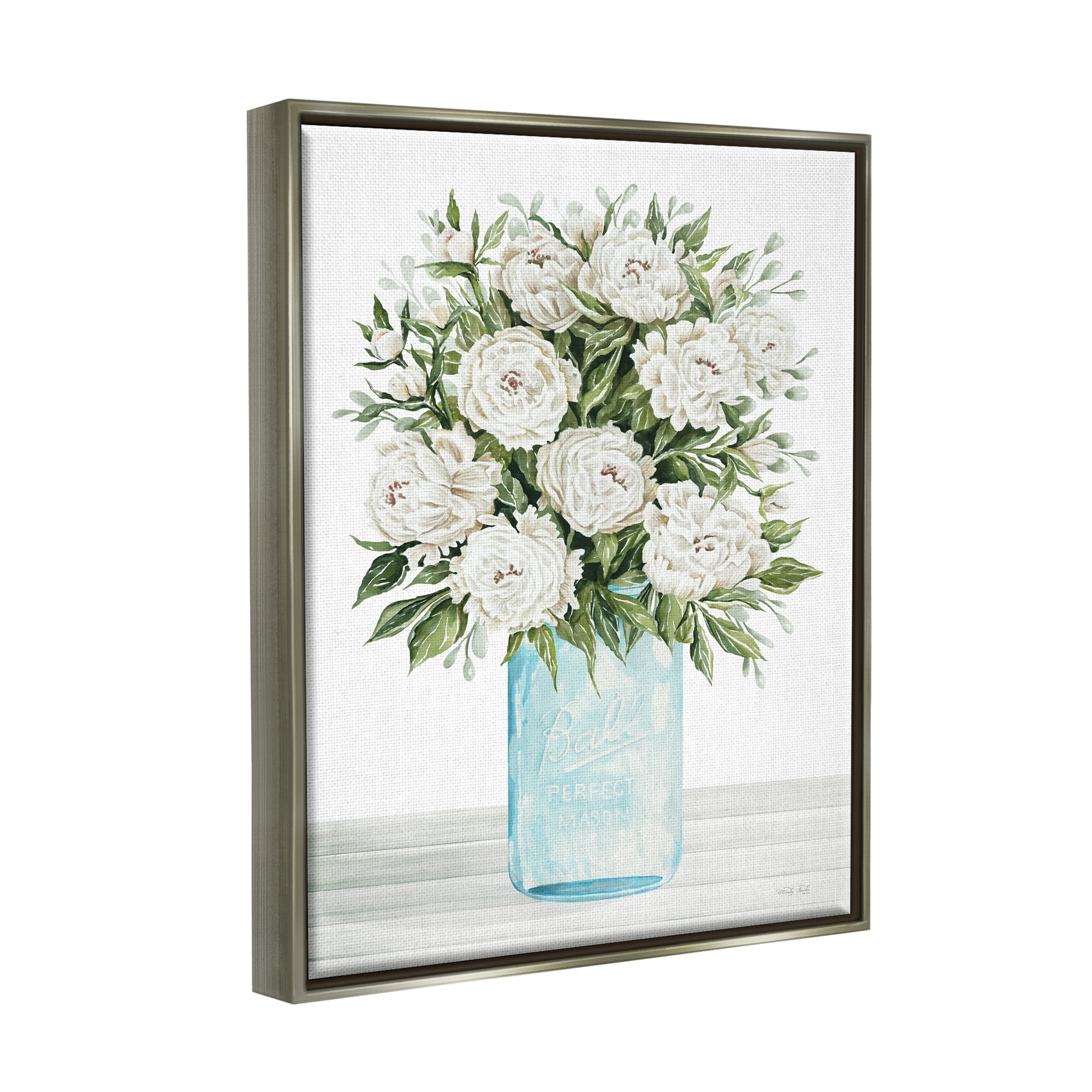 Stupell Industries White Carnations Bouquet Botanical & Floral Painting Gray Floater Framed Canvas Art Print Wall Art, 17 x 21