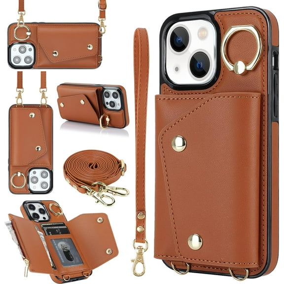 Compatible with iPhone 15 Wallet Case with Card Holder Crossbody Neck Strap Lanyard Wrist Strap Purse for Women PU Leather Flip Case with Credit Card Kickstand Stand Case Brown