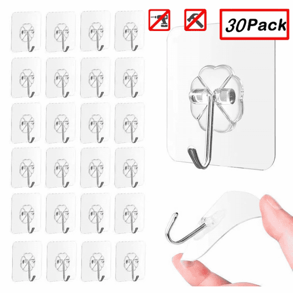 TIFOR 30Pack Premium Adhesive Hooks Kitchen Wall Hooks,Heavy Duty 33lb (Max) Wall Hooks,Clear Reusable Seamless Hooks with Stainless Hooks Reusable Utility Towel Bath Ceiling Office Window Hooks