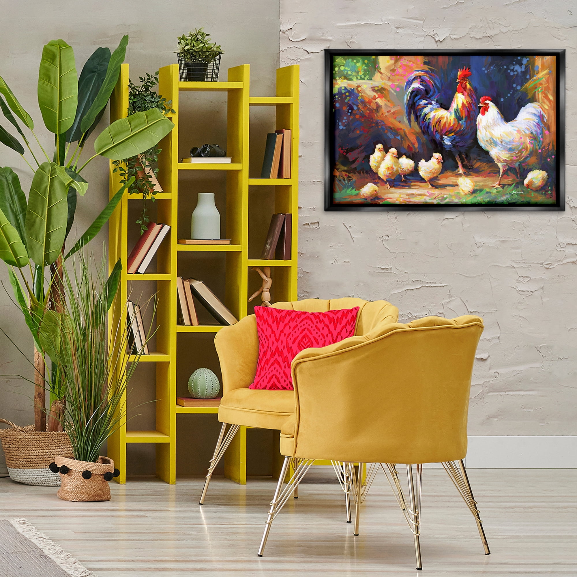 Stupell Industries Chicken Family Paint Splatter Animals & Insects Painting Black Floater Framed Canvas Art Print Wall Art, 31 x 21