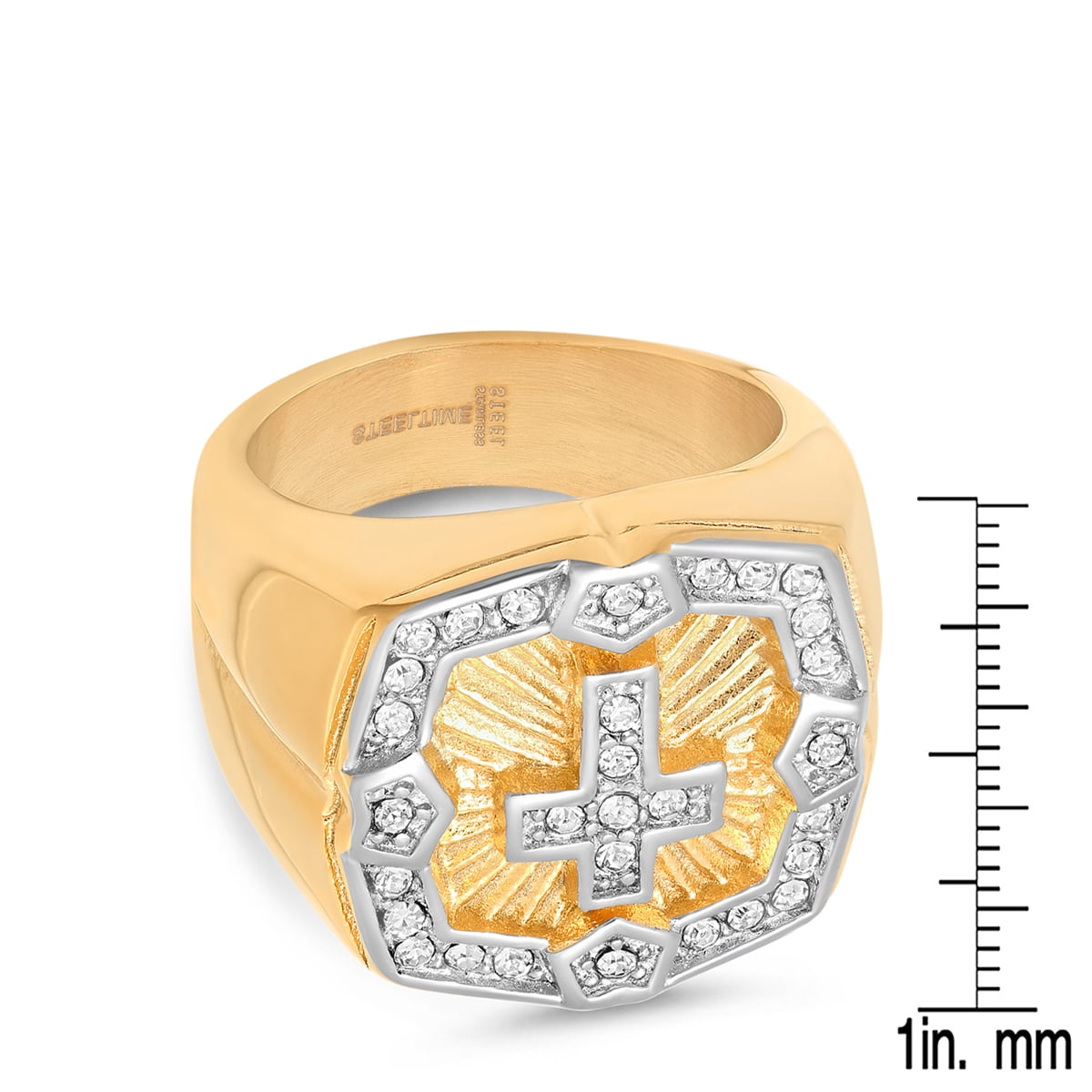 Men's 18K Gold Plated Stainless Steel Simulated Diamond Border Cross Ring
