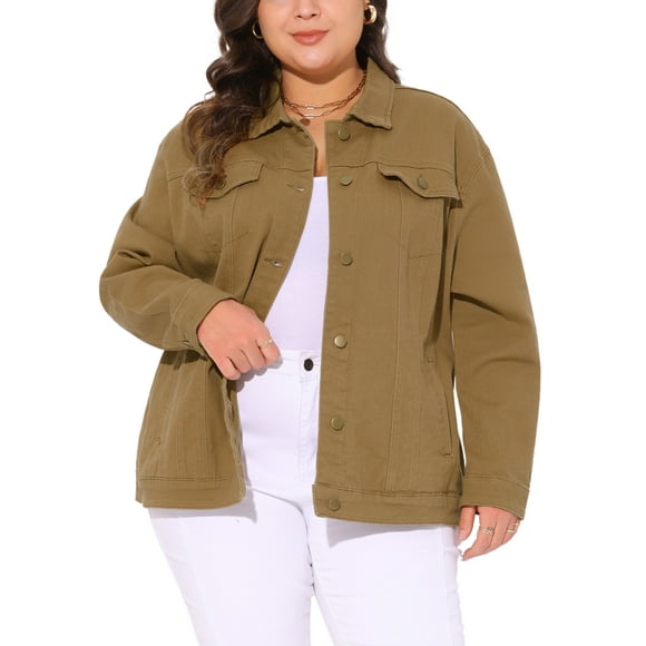 Chaqueta de mezclilla para mujer de tallas grandes Agnes Orinda, con botones y costuras, para el Día de San Patricio, 3X, color marrón claro