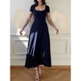thumbnail image 3 of Navy Blue Short Sleeve Square Neck Midi Dress For Women, Slim Fit A-Line Elegant Casual Dress, 3 of 8