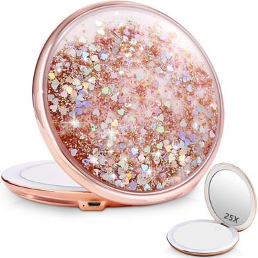 B Beauty Planet Makeup Mirror with Led Lights,1x/25x Magnification,Compact Mirror with Liquid Bling Glitter Cover, 5 inches