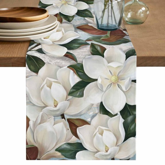 Spring Magnolia Blossom Table Runner 36 Inches, White Flowers Leaves Plants Country Bed Runner Dresser Scarves Tabletop for Indoor Outdoor Parties/Ceremony/Banquet, 13"x 36"