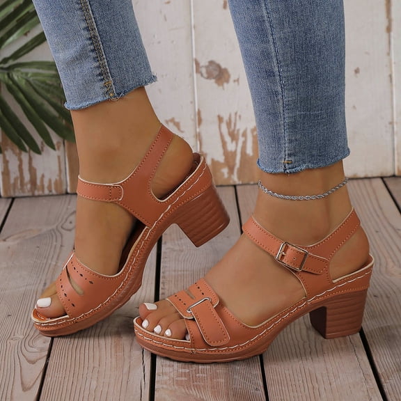 Sandals for Women Dressy Summer Peep Toe Slingback Chunky Stacked Heel Ankle Booties Ankle Buckle Strap Sandals Brown 8.5