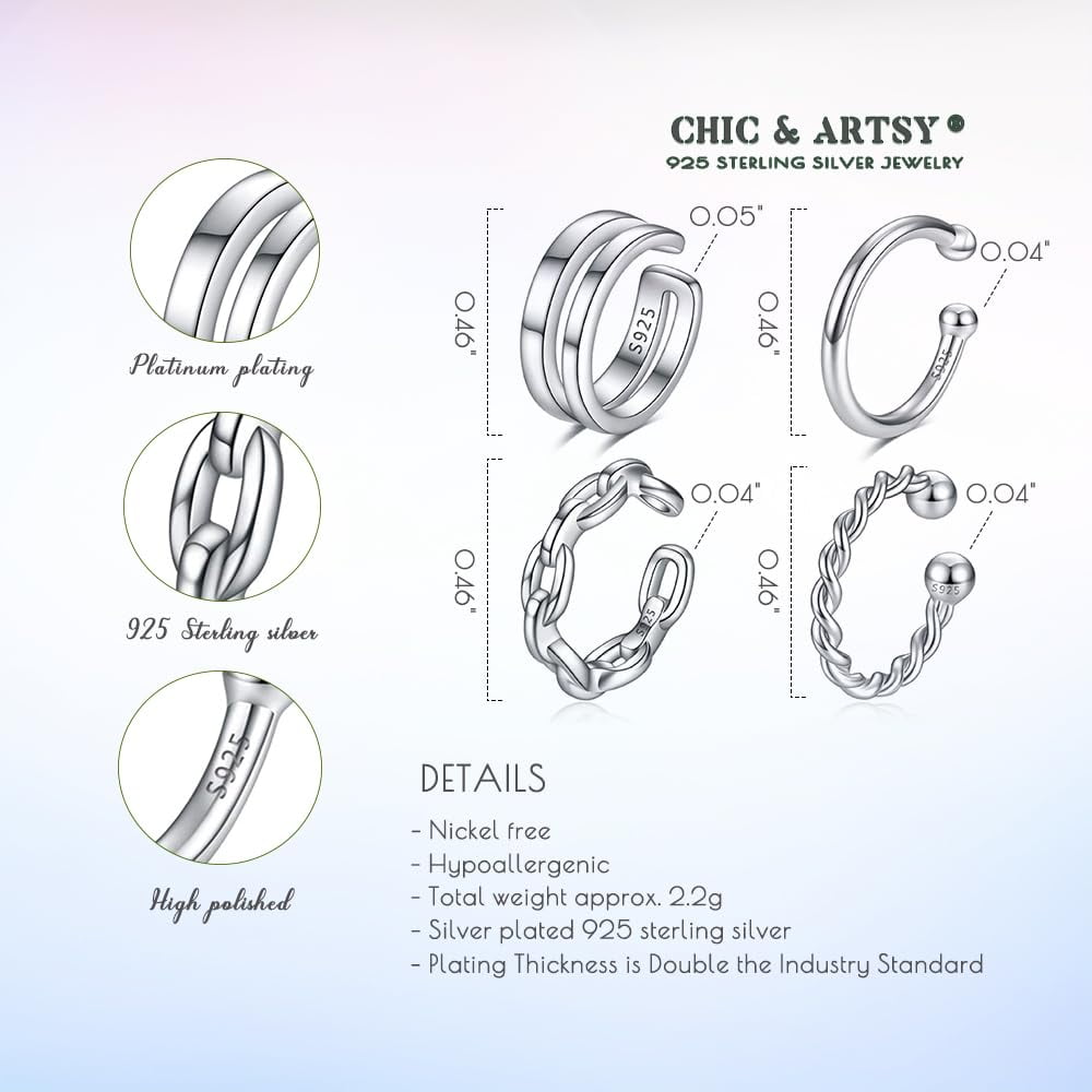 Chic & Artsy Cuff Earrings 925 Sterling Silver Ear Cuff Earrings Non-Piercing Fake Helix Cartilage Cuff Earrings