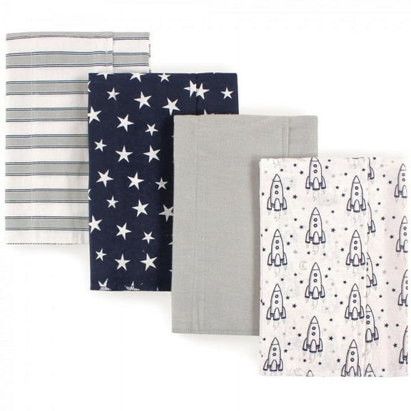 Hudson Baby Infant Boy Cotton Flannel Burp Cloths 4pk, Rocket Ship, One Size