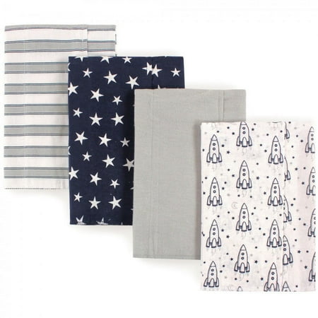 Hudson Baby Infant Boy Cotton Flannel Burp Cloths 4pk, Rocket Ship, One Size